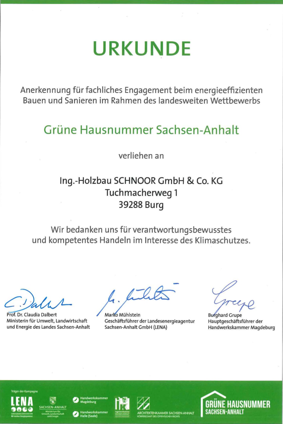 Urkunde Grüne Hausnummer