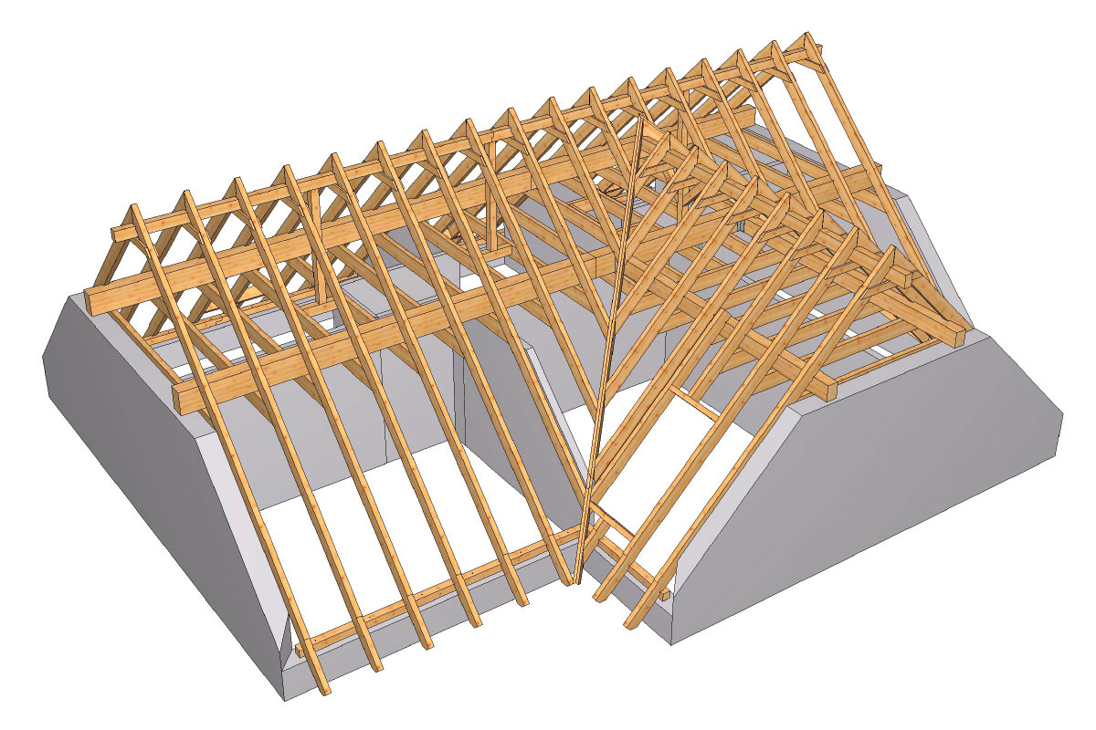 abbundkonstruktion eines dreigiebelhauses in oranienburg
